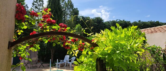 De la terrasse vers la piscine.