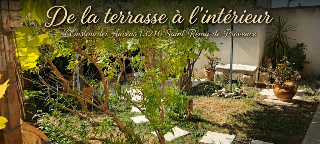 Suite de la visite vidéo de L’Oustau dei Aucèus, gîte de vacances privé pour deux personnes à Saint-Rémy-de-Provence : de la terrasse à l’intérieur, avec la pièce à vivre, la cuisine ouverte, le salon et la chambre en mezzanine.